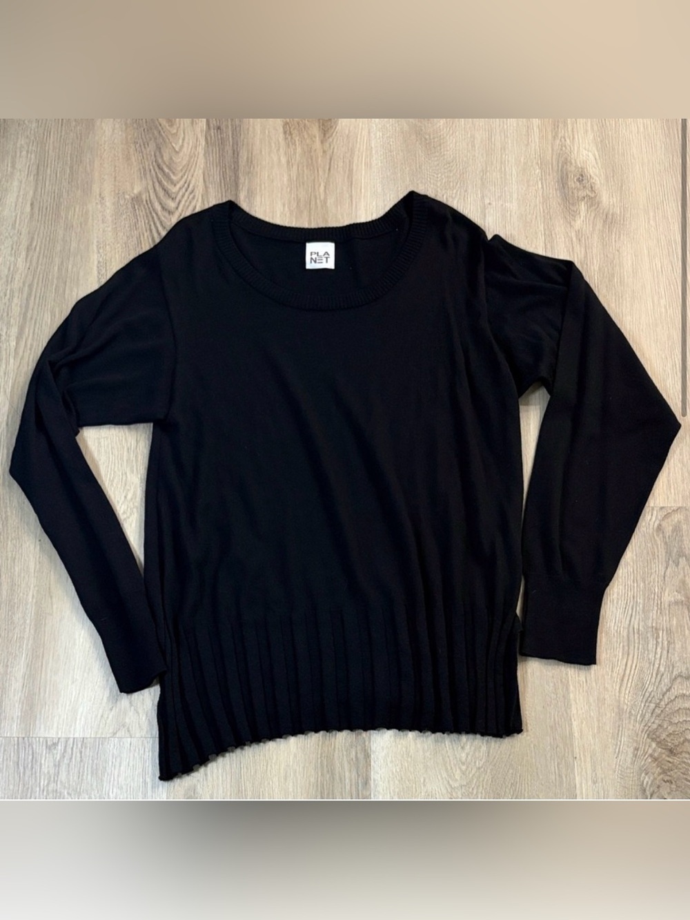 PLANET by Lauren G Black Pima Cotton Modal Ribbed Hem Sweater One Size comfy
